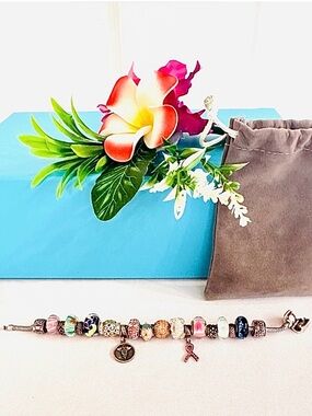 PANDORA ~ Sterling Silver Charm Bracelet w/Multi-Color Glass & Pink Ribbon Charm